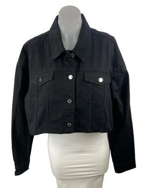 WeWoreWhat Women's Black Collared Long Sleeve Crop Boxy Denim Coat Jacket Size M